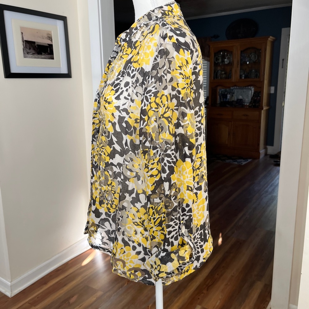 Ruby Rd. Floral Blouse in Yellow and Gray, sheer, long sleeve, front buttons - Picture 3 of 14
